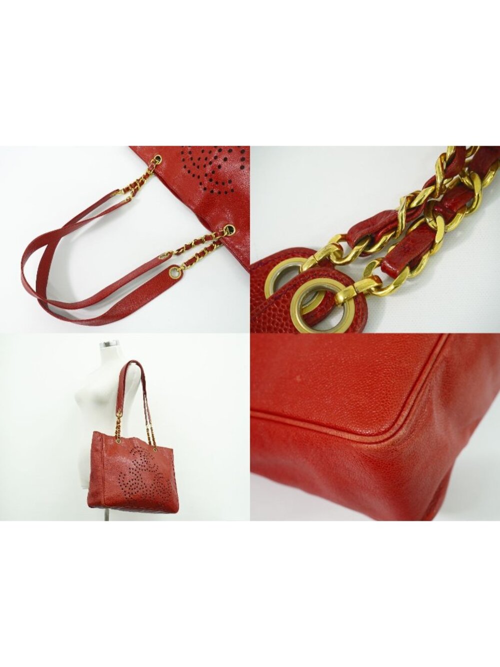 Chanel Perforated Triple CC Logo Shoulder Bag Tote Caviar Leather Red - Picture 6 of 9